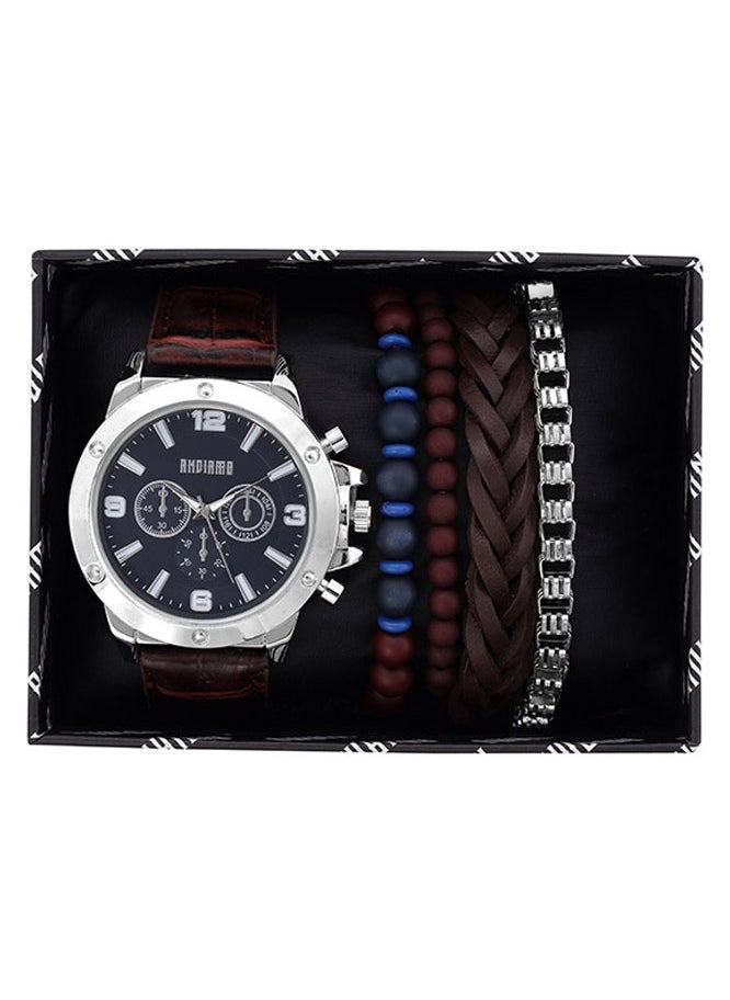 ANDIAMO Men's Analog Silver Case Brown Leather Strap Set Watch  - Image 1