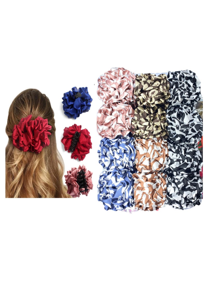 مجموعة مشابك شعر سكاي شاين، 4 قطع، متعددة الألوان، بتصميم زهور كبيرة - حاملات كعكة شعر مزينة بكشكشة من القماش للنساء والفتيات | مشابك قوية مانعة للانزلاق للشعر الكثيف والطويل والثقيل - Image 1