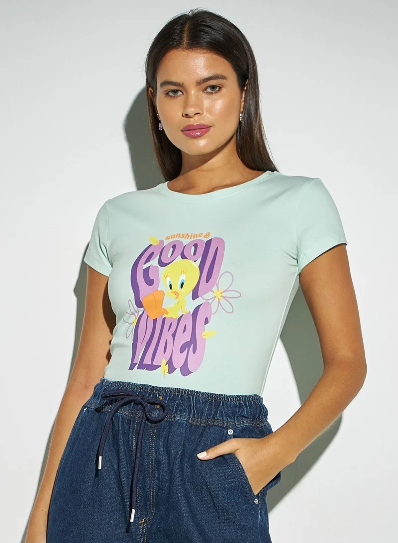 SP Characters Tweety Print Round Neck T-shirt with Cap Sleeves