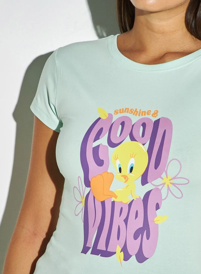 SP Characters Tweety Print Round Neck T-shirt with Cap Sleeves