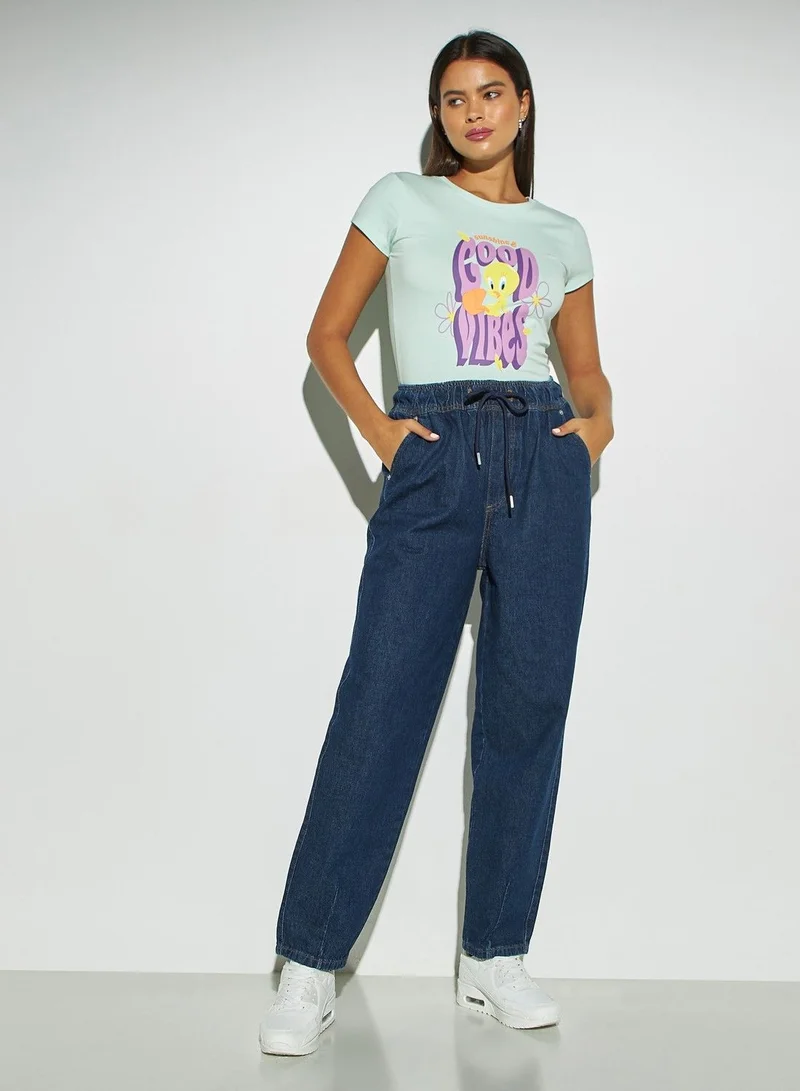 SP Characters Tweety Print Round Neck T-shirt with Cap Sleeves