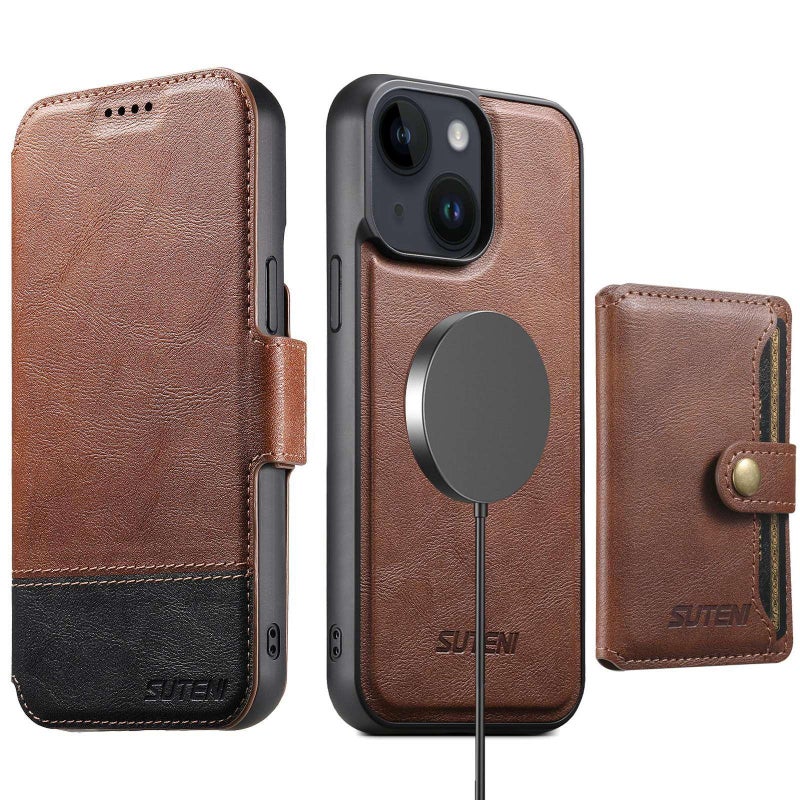 Suteni For Iphone 14 Plus Q06S1 3-In-1 Splicing Detachable Wallet Magsafe Leather Phone Case(Brown) - Image 1