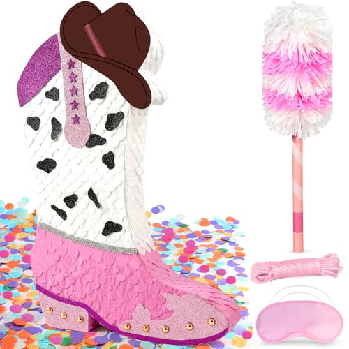 Pardecor 3D Pink Cowgirl Boot Pinata for Western World Theme Party Decorations Large Glitter Cowgirl Hat Boot Party Supplies Lets Go Girls Birthday Decorations Rustic Ranch Photo Props with Stick - Image 1