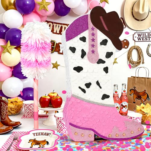 Pardecor 3D Pink Cowgirl Boot Pinata for Western World Theme Party Decorations Large Glitter Cowgirl Hat Boot Party Supplies Lets Go Girls Birthday Decorations Rustic Ranch Photo Props with Stick - Image 5
