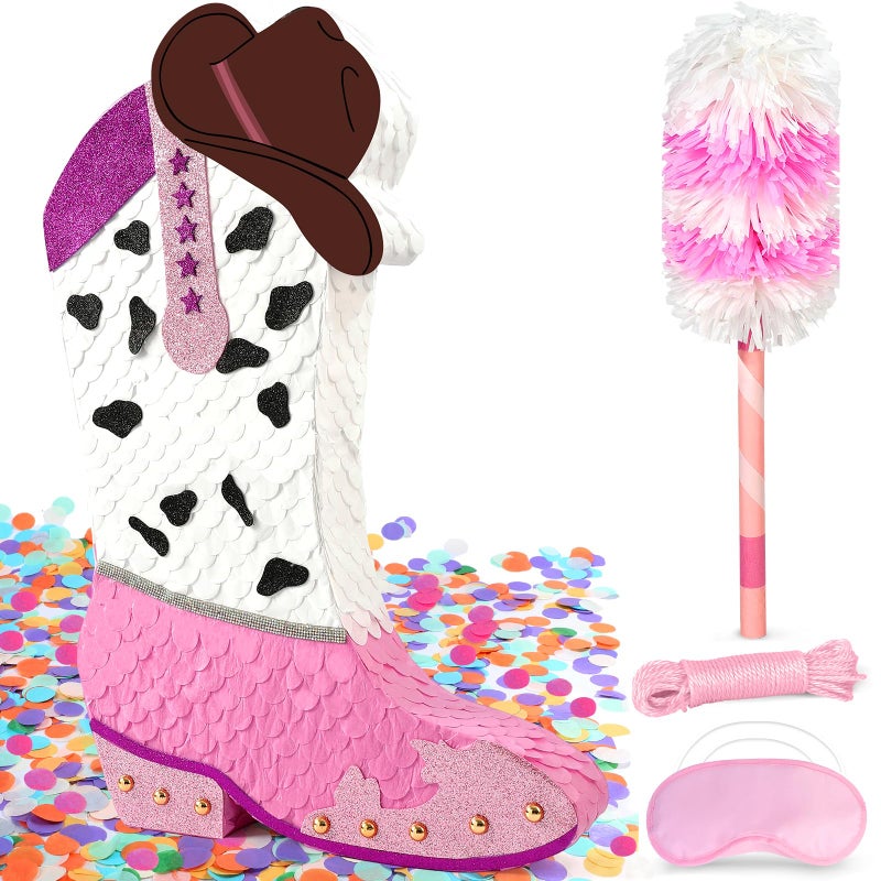 Pardecor 3D Pink Cowgirl Boot Pinata for Western World Theme Party Decorations Large Glitter Cowgirl Hat Boot Party Supplies Lets Go Girls Birthday Decorations Rustic Ranch Photo Props with Stick - Image 3