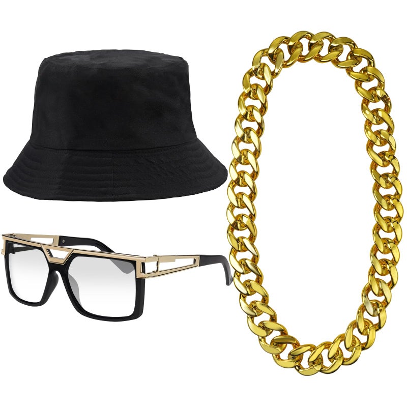 ONUPGO Hip Hop Costume Kit 80s/90s Rapper Accessories Bucket Hat Sunglasses Gold Chain Necklace Outfit for Men Women - Image 1