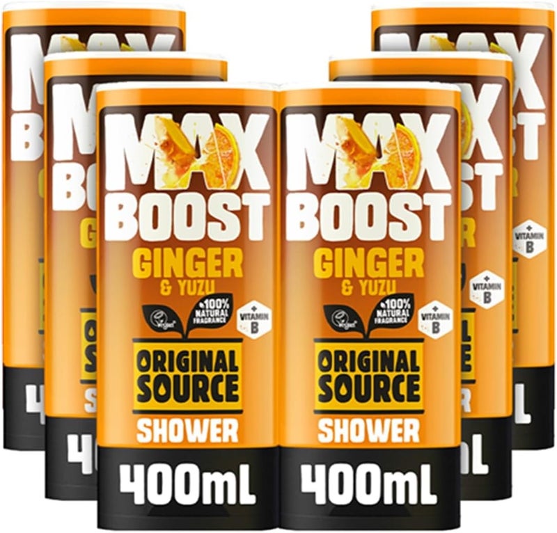 Original Source MAX BOOST Ginger Yuzu Shower Gel with 100 Natural Fragrance Vegan Shower Gel Paraben Free Body Shower Wash Multipack of 6 x 400ml