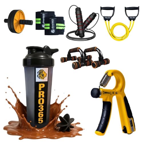 PRO365 Home Workout Equipment Kit, Ab Roller Wheel, Wrist Wraps, Jump Rope, Resistance Band, Push Up Bars, Hand Gripper, Shaker Bottle, 7-Piece Fitness Set - Image 1
