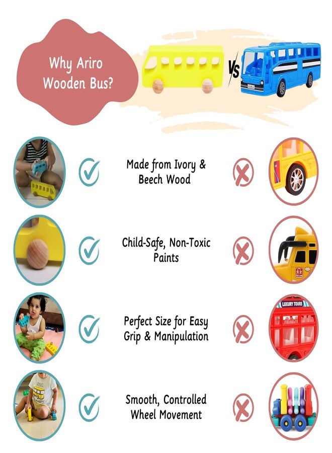 Ariro Wooden Bus Toy for Toddlers and Infants | Push and Pull Wooden Toy with Smooth Wheels | Perfect for 6M-3Y | Builds Hand-Eye Coordination, Problem Solving & Motor Skills - Image 5