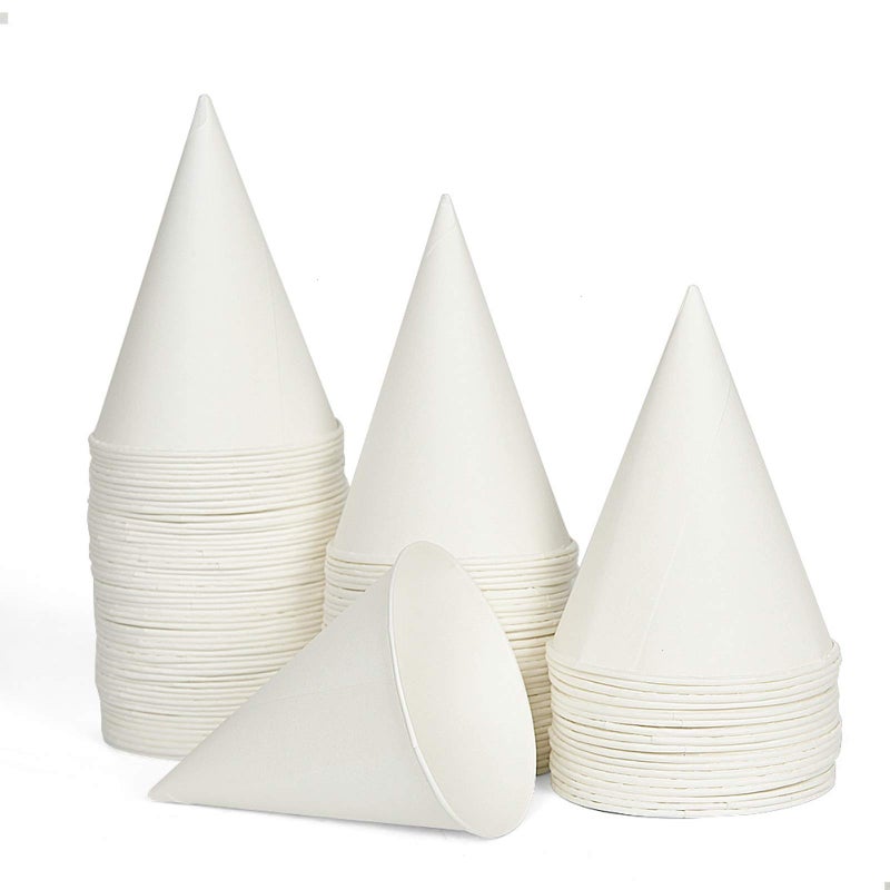 AQUEENLY 100 Snow Cone Cups Wax Coated Leakproof Cone Paper Cups for Slush Shaved Ice Water  6OZ White