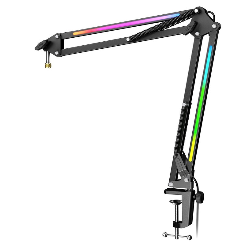 FIFINE Microphone Boom Arm, Metal Adjustable Mic Arm Stand with RGB Control, 3/8â€ to 5/8â€ Screw Adapter, Desk Mount Clamp, Suspension Scissor Mic Stand for Gaming Streaming Podcast-AmpliGame BM38 - Image 1