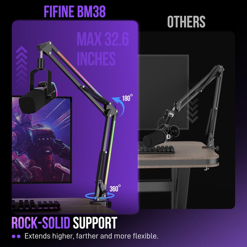FIFINE Microphone Boom Arm, Metal Adjustable Mic Arm Stand with RGB Control, 3/8â€ to 5/8â€ Screw Adapter, Desk Mount Clamp, Suspension Scissor Mic Stand for Gaming Streaming Podcast-AmpliGame BM38 - Image 3