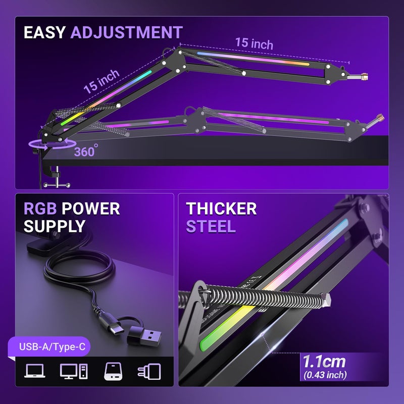 FIFINE Microphone Boom Arm, Metal Adjustable Mic Arm Stand with RGB Control, 3/8â€ to 5/8â€ Screw Adapter, Desk Mount Clamp, Suspension Scissor Mic Stand for Gaming Streaming Podcast-AmpliGame BM38 - Image 5