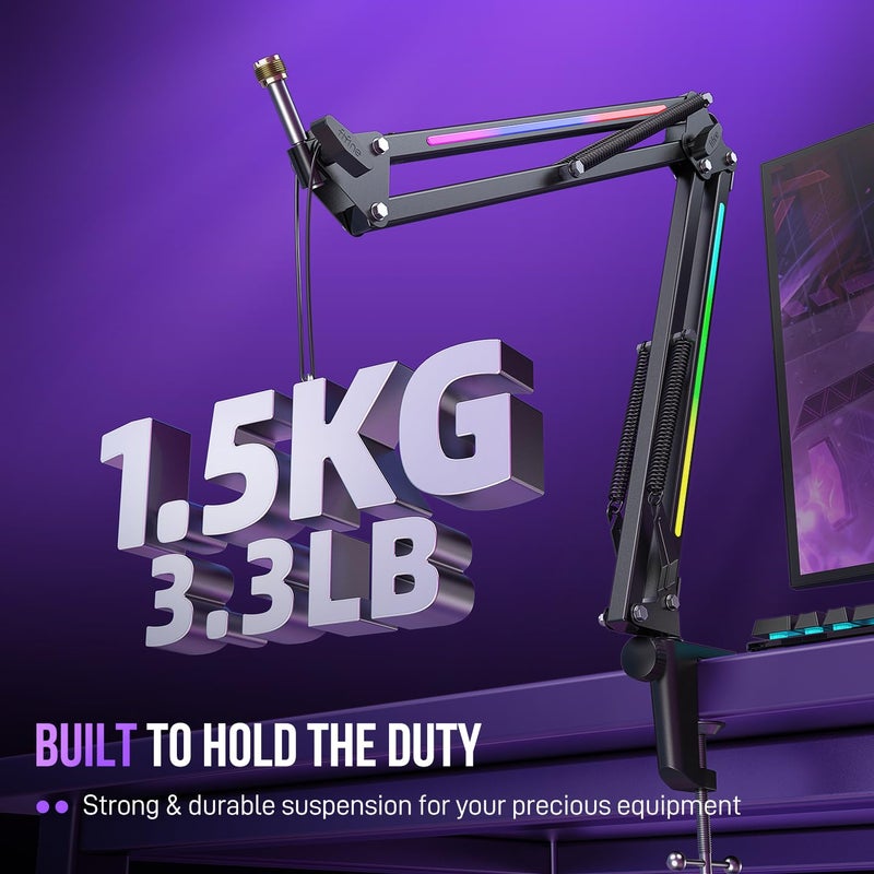 FIFINE Microphone Boom Arm, Metal Adjustable Mic Arm Stand with RGB Control, 3/8â€ to 5/8â€ Screw Adapter, Desk Mount Clamp, Suspension Scissor Mic Stand for Gaming Streaming Podcast-AmpliGame BM38 - Image 2