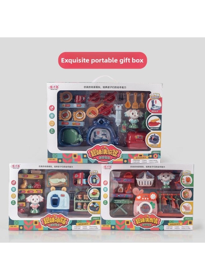 Children's Play Kitchen Toys Mini Small Appliances Washing Machine Simulation Refrigerator Girls Role-playing Gift-Specifications:907 Candy Backpack-Powder - Image 2