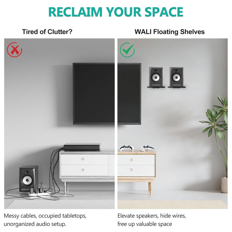 WALI Speaker Wall Mount, Heavy Duty Bookshelf Speaker Floating Wall Shelves, Surround Sound Speakers Stand for Living Room, Home Theater and Gaming Room, Holds up to 55 Lbs, (SWM302B), 1 Pair, Black - Image 4