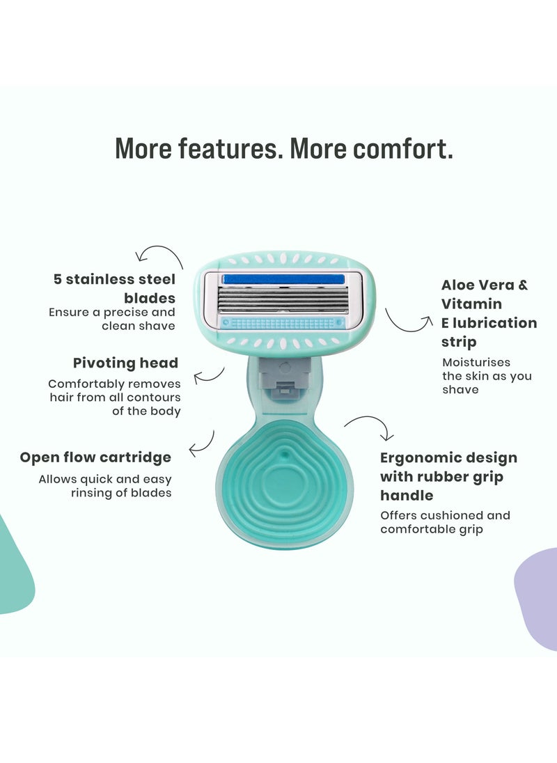 5 Blade Mini Travel Cartridge Hair Removal Razor for Women with Aloe Vera & Vitamin E Lubrication
