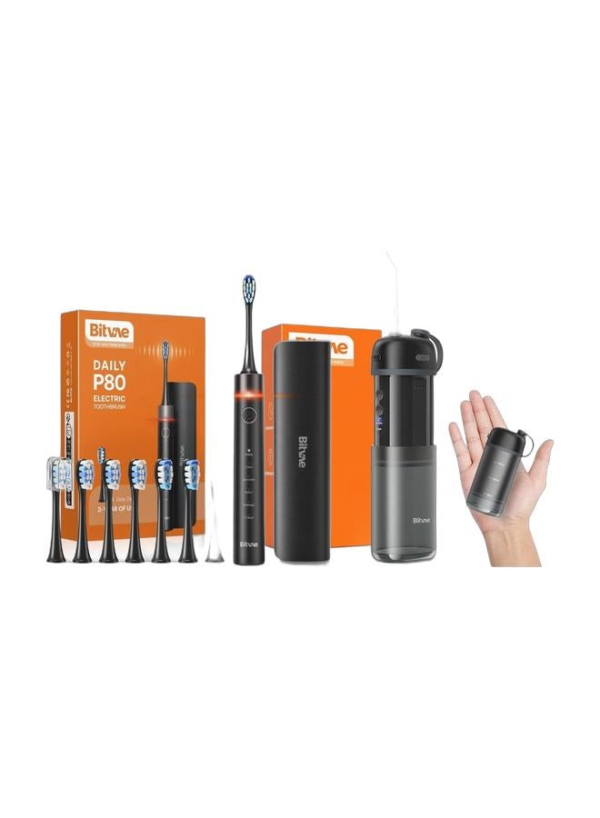 Bitvae P80 Ultra Sonic Toothbrush With 8 Heads , Pressure Sensor , Timer , Etc.. & Portable Water Flosser for Teeth | Bitvae P1 Mini Dental Floss and Water Floss Pick | Cordless Telescopic Tank Oral Irrigator | IPX7 Waterproof Cleaner for Sensitive Teeth and Braces | Travel Tooth Brush Companion Bundle - Image 1
