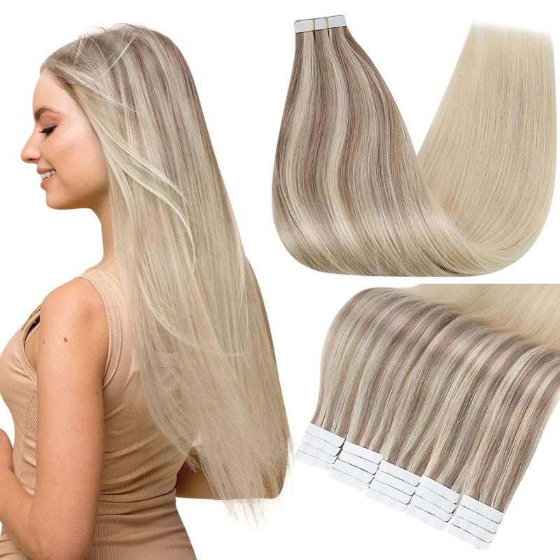 Fshine Full Shine Tape in Hair Extensions Human Hair 20pcs Nordic Real Human Hair 12 Inch Tape in Extensions Color 18 Ash Blonde Fading To 22 And 60 Platinum Blonde Hair Extensions Tape Ins 30G Add Volume - Image 1