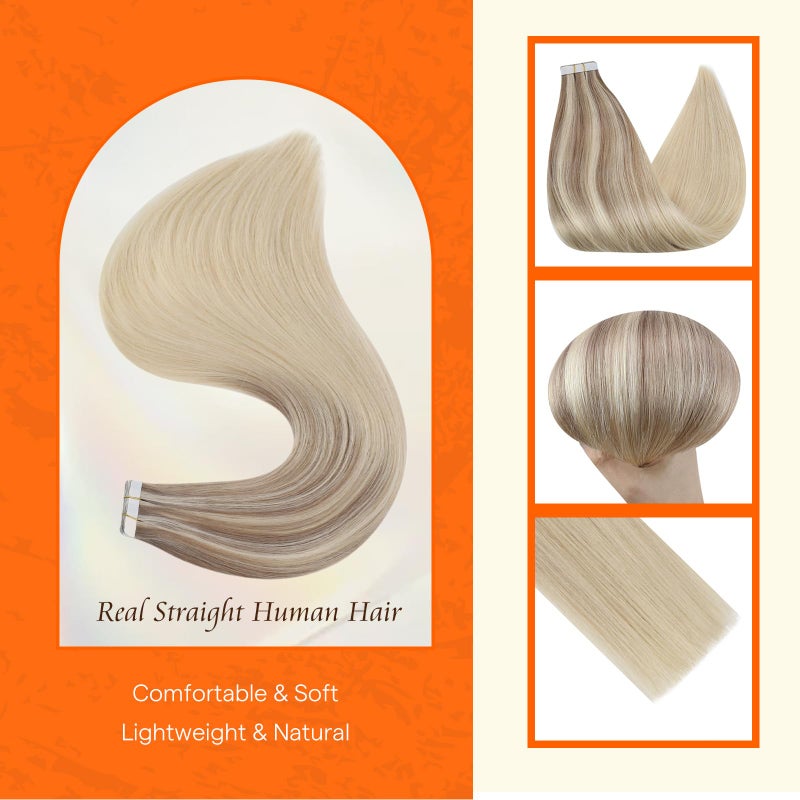 Fshine Full Shine Tape in Hair Extensions Human Hair 20pcs Nordic Real Human Hair 12 Inch Tape in Extensions Color 18 Ash Blonde Fading To 22 And 60 Platinum Blonde Hair Extensions Tape Ins 30G Add Volume - Image 2