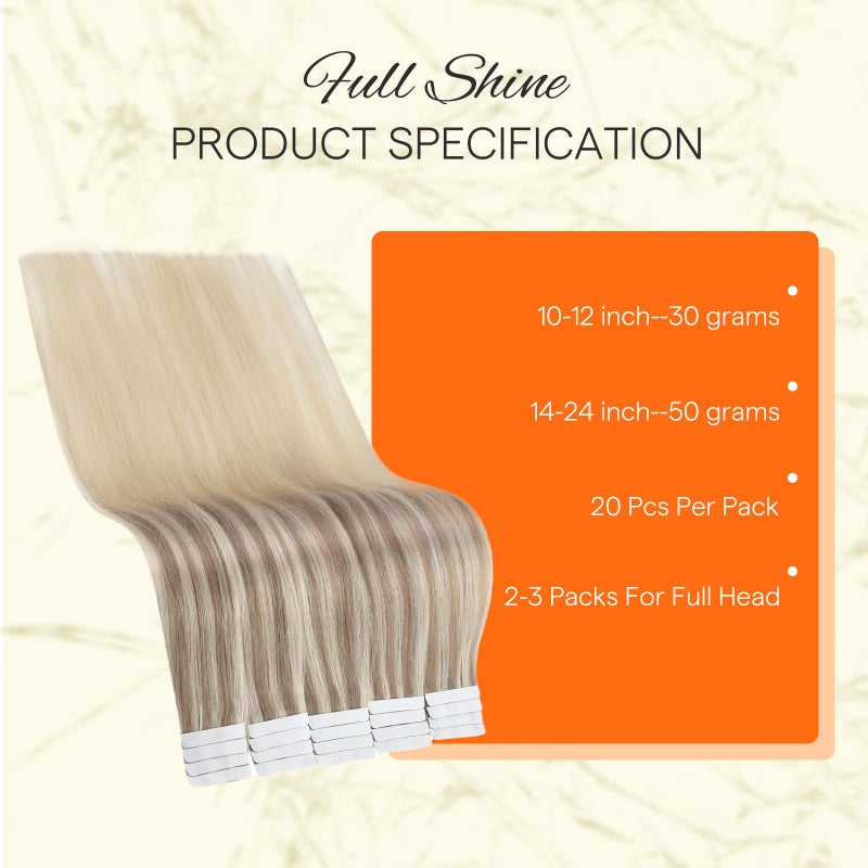 Fshine Full Shine Tape in Hair Extensions Human Hair 20pcs Nordic Real Human Hair 12 Inch Tape in Extensions Color 18 Ash Blonde Fading To 22 And 60 Platinum Blonde Hair Extensions Tape Ins 30G Add Volume - Image 3