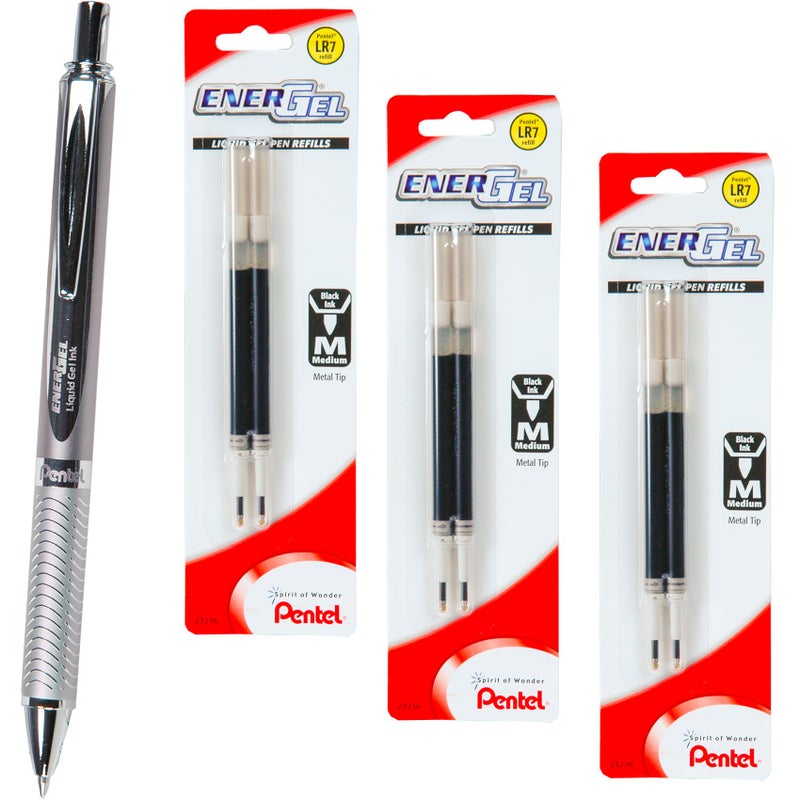 Pentel Energel 0.7 Alloy Rt Bl407 Black Gel Ink Pen With 3 Packs Of Refills  Silver Barrel  0.7Mm Medium Point 6Refills