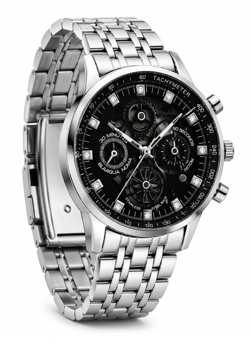 IK Men’s Silver Quartz Watch with Black Openwork Dial and Metal Bracelet - Image 1