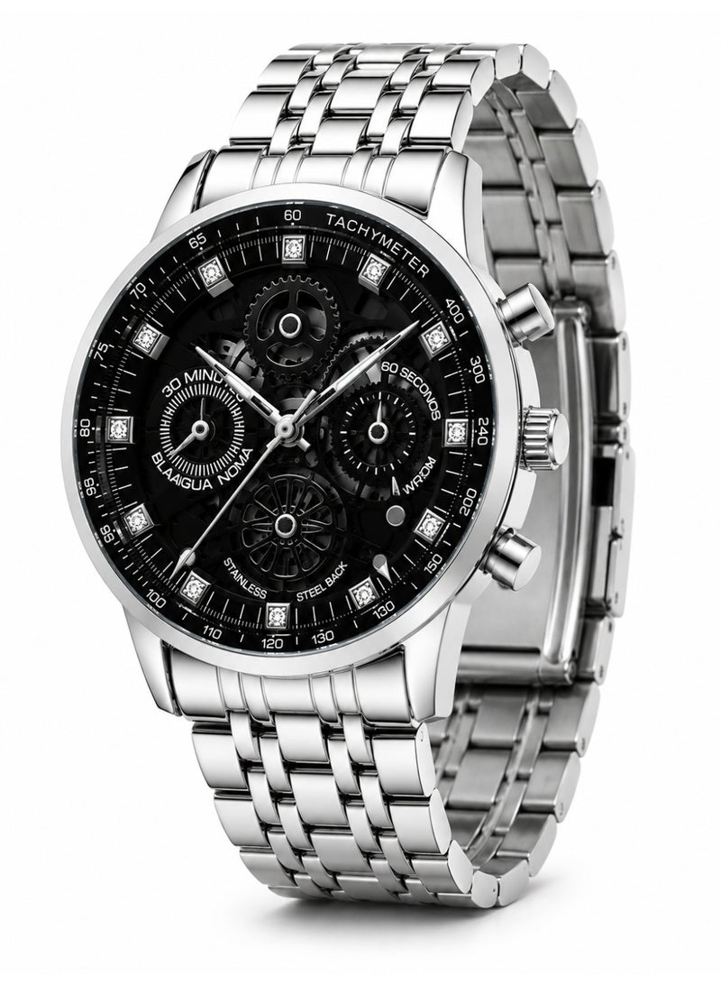 IK Men’s Silver Quartz Watch with Black Openwork Dial and Metal Bracelet - Image 2