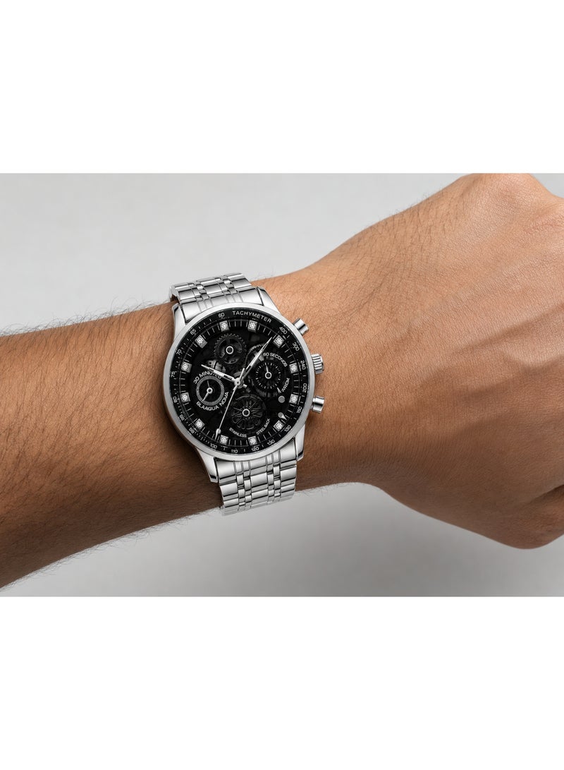 IK Men’s Silver Quartz Watch with Black Openwork Dial and Metal Bracelet - Image 4