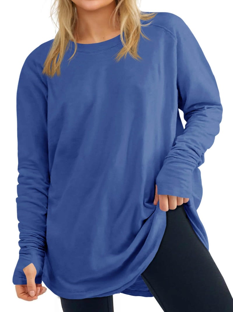 Fisoew Women's Plus Size Long Sleeve Tunic Top Crew Neck Summer Oversized Fit Basic T Shirts Blouse Blue - Image 1
