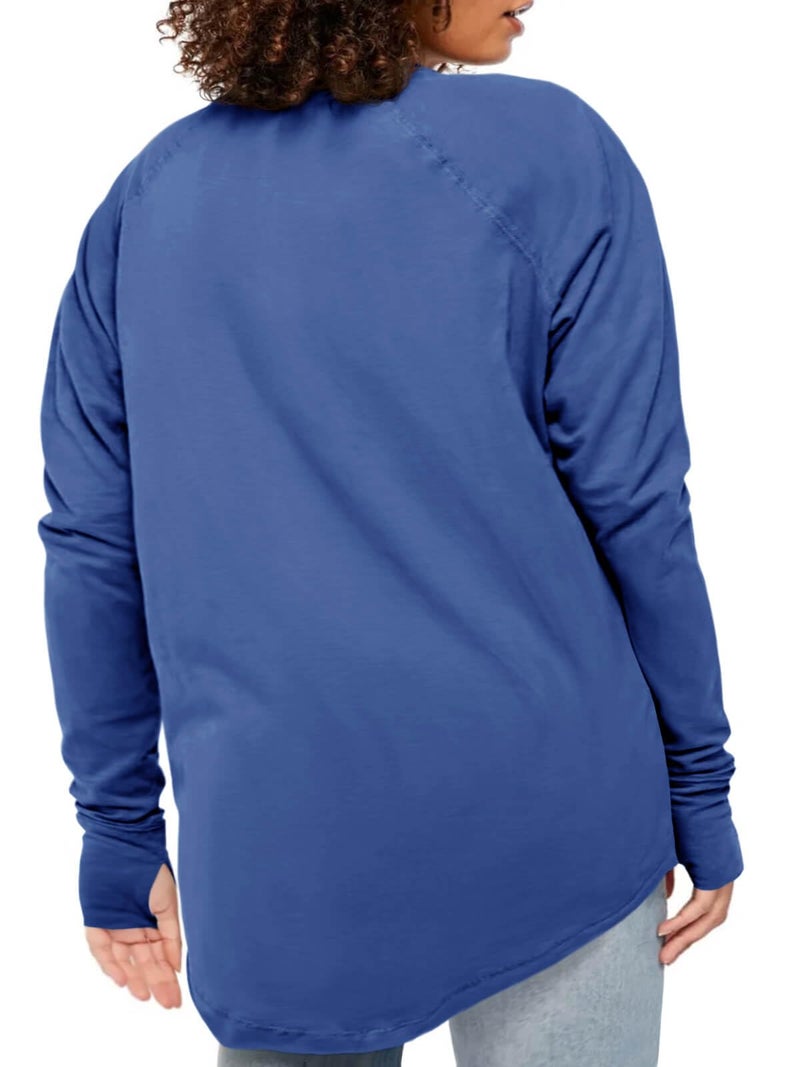 Fisoew Women's Plus Size Long Sleeve Tunic Top Crew Neck Summer Oversized Fit Basic T Shirts Blouse Blue - Image 4