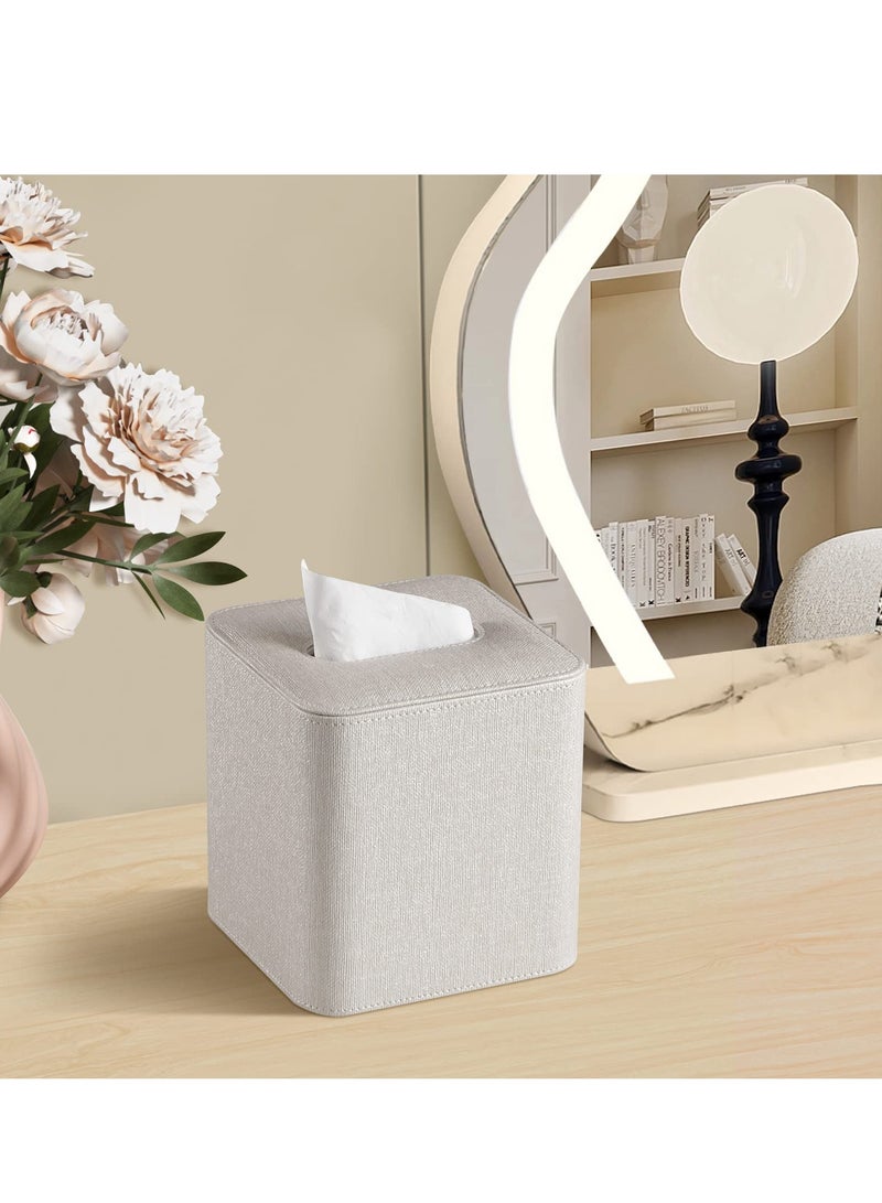 SYOSI Tissue Box Cover Square PU Leather Facial Tissue Box Holder - Magnetic Bottom Rounded Edges for Dresser Bathroom Decor and Home Decor(Beige)  - Image 2