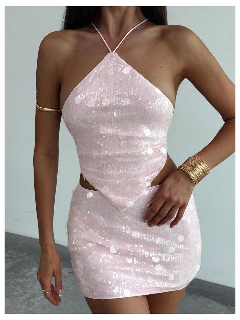 MakeMeChic Women's 2 Piece Summer Outfits Sparkly Glitter Sequin Halter Crop Top and Bodycon Mini Skirt Sets Pink Small - Image 5