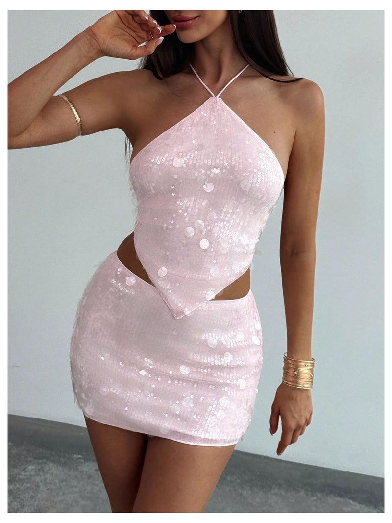 MakeMeChic Women's 2 Piece Summer Outfits Sparkly Glitter Sequin Halter Crop Top and Bodycon Mini Skirt Sets Pink Small - Image 4