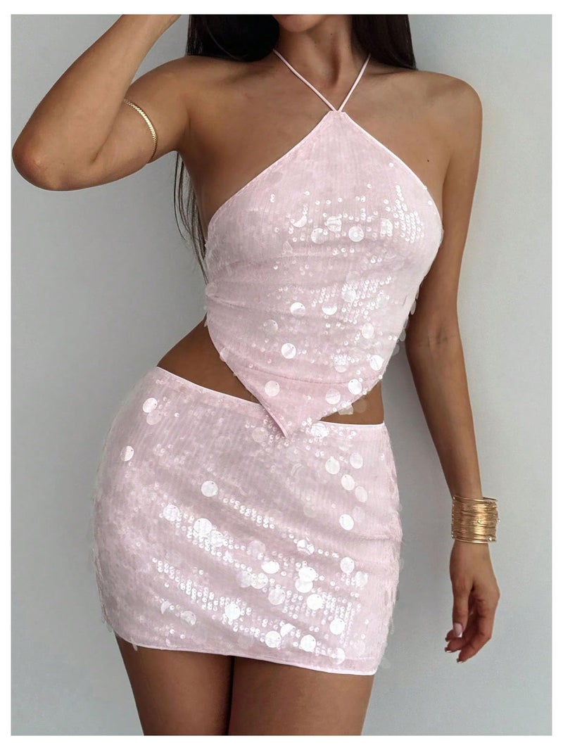 MakeMeChic Women's 2 Piece Summer Outfits Sparkly Glitter Sequin Halter Crop Top and Bodycon Mini Skirt Sets Pink Small - Image 3