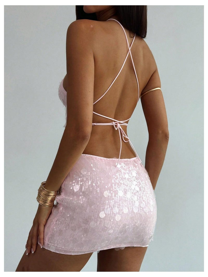 MakeMeChic Women's 2 Piece Summer Outfits Sparkly Glitter Sequin Halter Crop Top and Bodycon Mini Skirt Sets Pink Small - Image 2