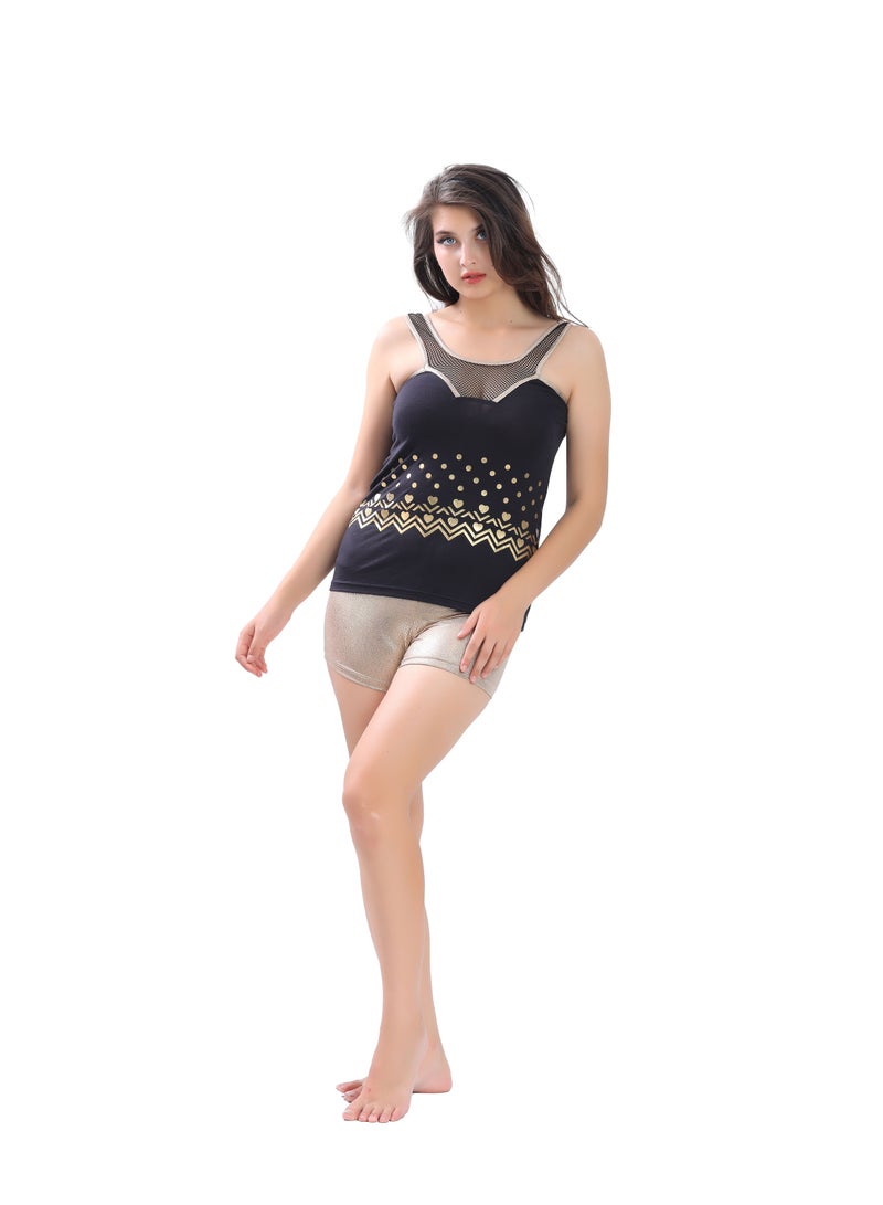 Dadoush Women's summer pajamas, shorts and a blouse with wide straps and a square neckline with a distinctive transparent mesh  - Image 1