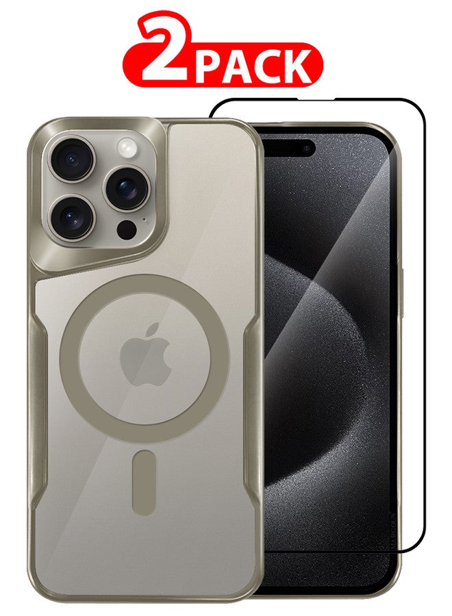 CATANES 2 Pack for iPhone 15 Pro Max Case and Screen Protector Magnetic Phone Case Slim Shockproof Cover New Design Electroplated Case Cover Titanium - Image 1