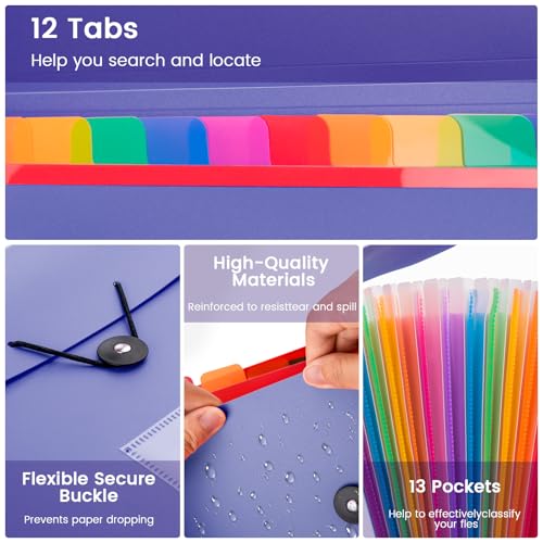 CASAON 13 Pocket Expanding File Folder Accordian File Organizer, A4 Letter Size Paper Document Receipt Holder for School Office Supplies, Purple Blue - Image 3