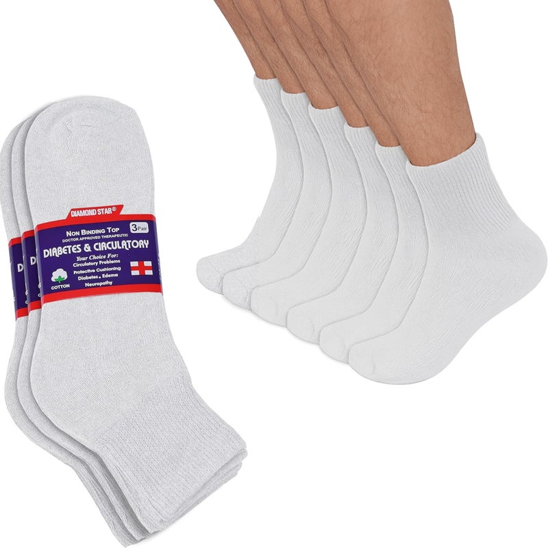 Diamond Star Diabetic Ankle Socks, Non-Binding Circulatory Doctor Approved Cushion Cotton Quarter Socks for Menâ€™s Womenâ€™s (3 Pack White) - Image 1