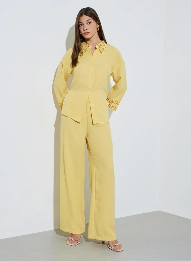 ستايلي Yellow Lace Trim Shirt and Wide Leg Pants Co-ord Set