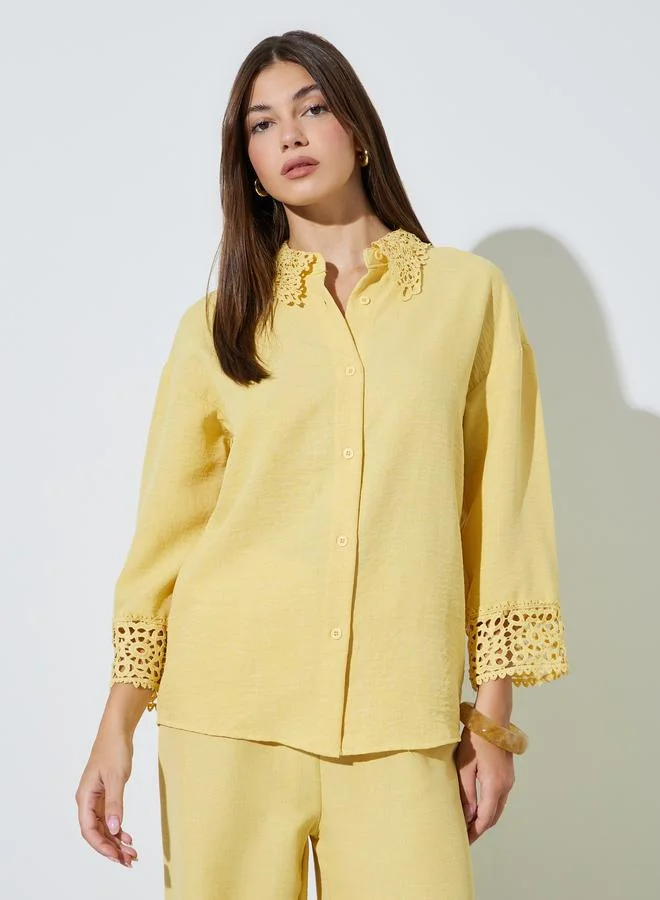 ستايلي Yellow Lace Trim Shirt and Wide Leg Pants Co-ord Set