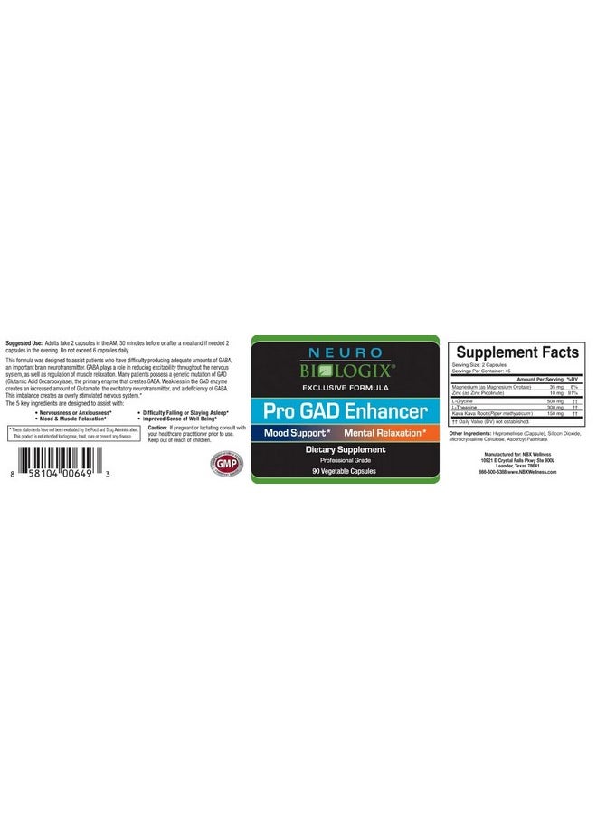 نيورو بيولوجيكس Pro GAD Enhancer 90 Capsules - مكمل GABA متعدد الفعالية للاسترخاء وتحسين الحالة المزاجية والجهاز العصبي - يحتوي على 5 مكونات رئيسية، بما في ذلك المغنيسيوم والزنك وL Theanine وKava Kava  - Image 2
