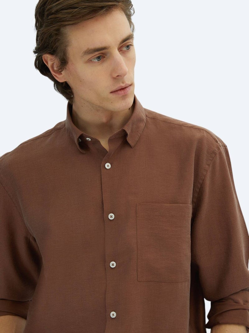 Kip Brown Plain Oversize Fit Long Weaving Casual Shirt - Image 3