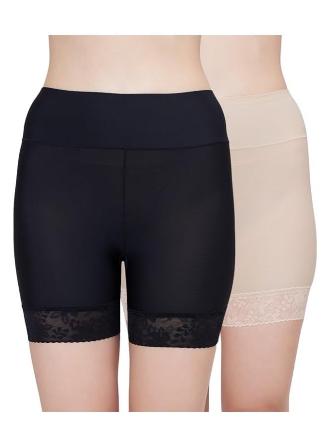 Glamroot Lace Trimmed Seamless Under Dress Cycling/Gym/Yoga Shorts for Women, Black/Beige Size S to L (Pack of 2) - Image 1
