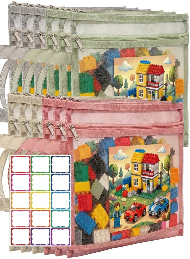 CATIFLIN 12 Pack Toy Storage Bags, Large Mesh Zipper Pouches with Handle, Reinforced Zipper for Puzzle Sorting, Building Block Storage, Kids Travel Quiet Time Activities - Image 1