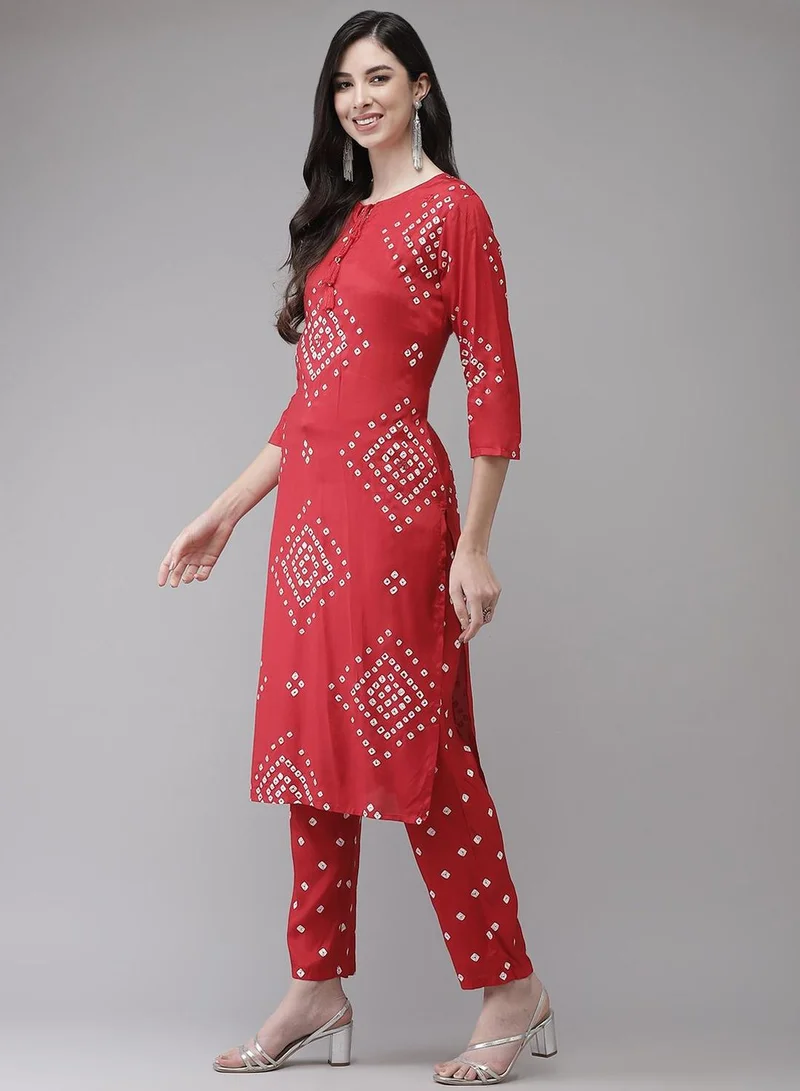 آي شين Women's Red Polyester Blend Embellished Tunic Full Length Casual Straight Fit Kurta Set