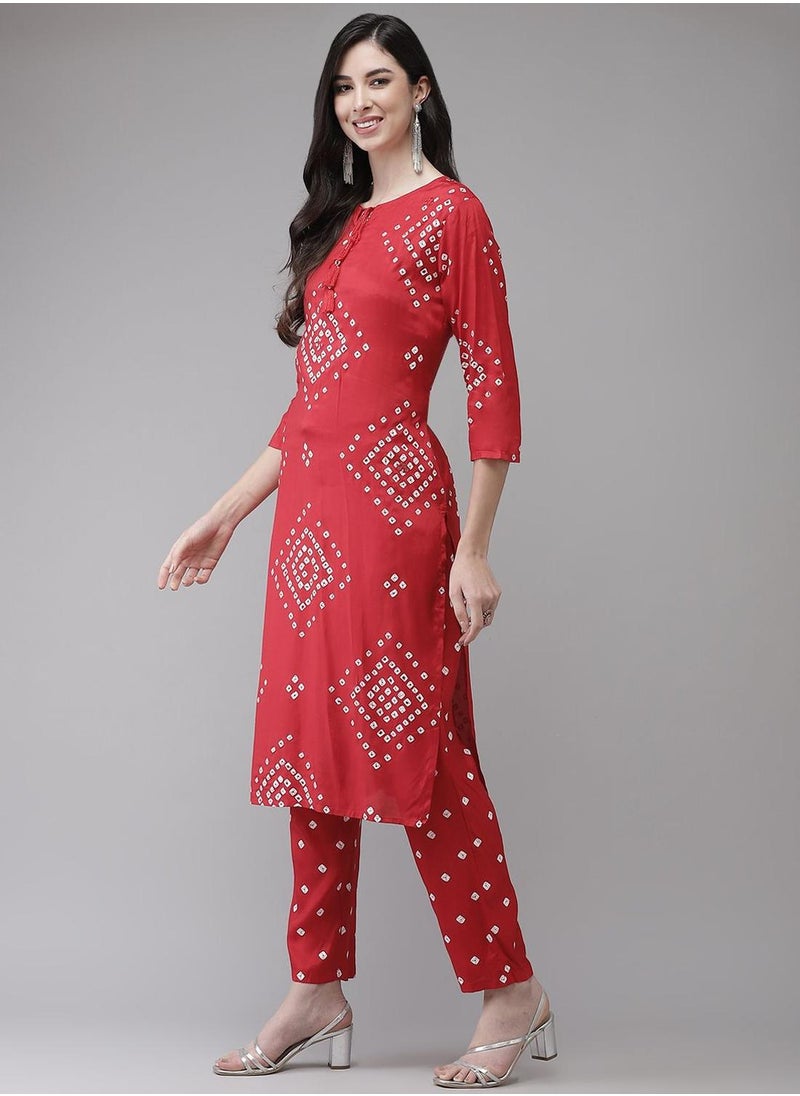 ISHIN Women's Red Polyester Blend Embellished Tunic Full Length Casual Straight Fit Kurta Set  - Image 5