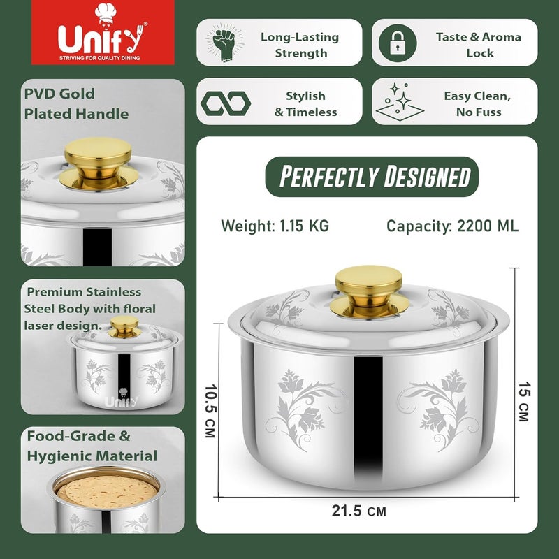 Unify Stelo Stainless Steel Insulated Casserole Hot Pot 2200 ML with Floral Design & PVD Gold Plated Handle | Lasser Finish Roti Server & Chapati Box | Food-Grade BPA Free | Keeps Food Fresh (Silver) - Image 2