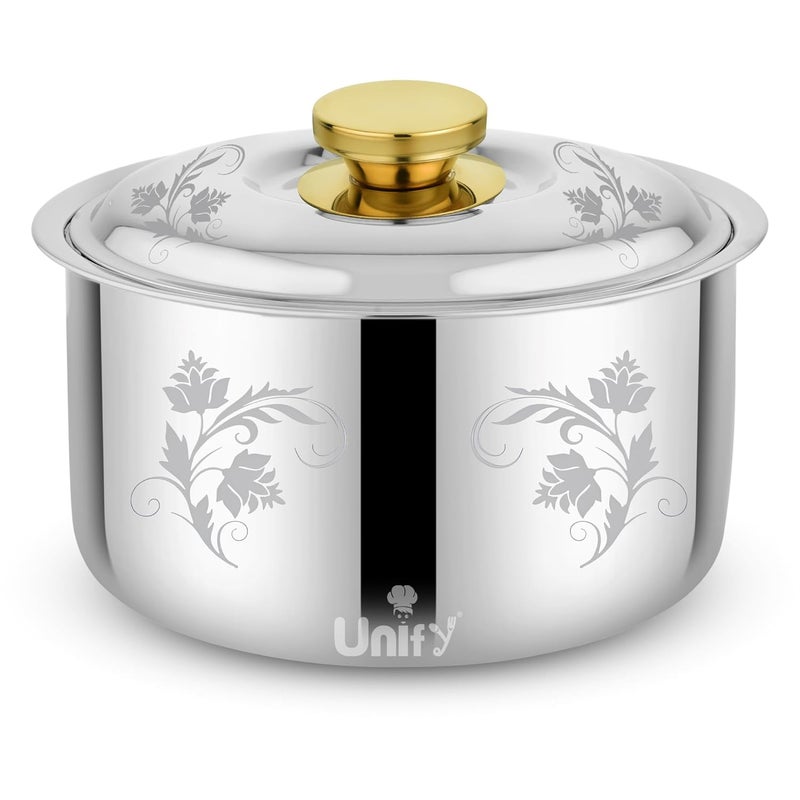Unify Stelo Stainless Steel Insulated Casserole Hot Pot 2200 ML with Floral Design & PVD Gold Plated Handle | Lasser Finish Roti Server & Chapati Box | Food-Grade BPA Free | Keeps Food Fresh (Silver) - Image 1